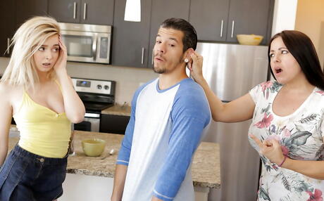 Slender blonde teen Lexi Lore in nice skirt in hot groupsex action in the kitchen